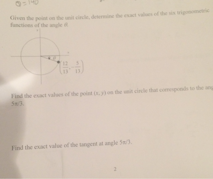 Solved 140 Given the point on the unit circle, determine the | Chegg.com