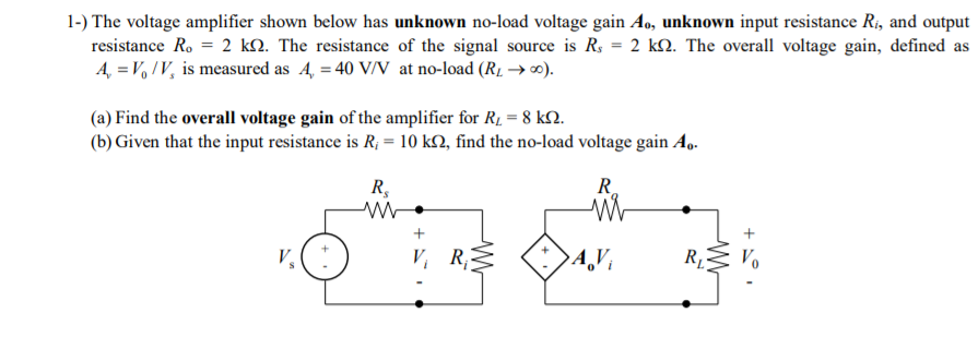 Solved 1-) The voltage amplifier shown below has unknown | Chegg.com