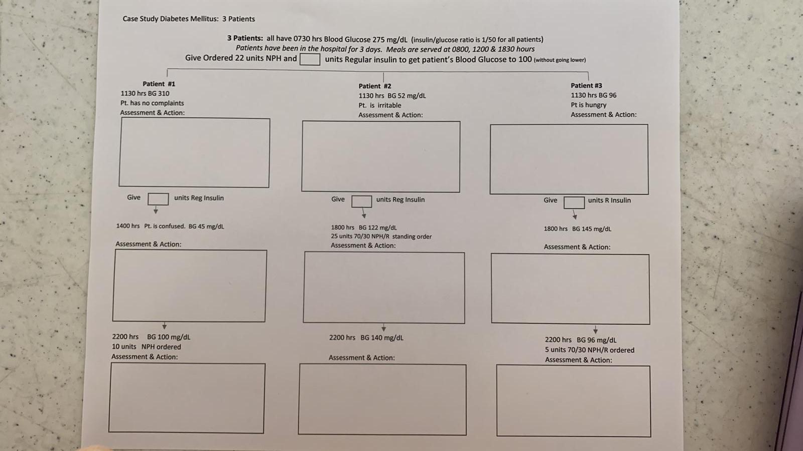Case Study Diabetes Mellitus: 3 Patients 3 Patients: all have 0730 hrs Blood Glucose 275 mg/dL (insulin/glucose ratio is 1/50