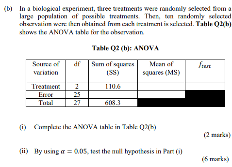 Solved (b) In A Biological Experiment, Three Treatments Were | Chegg.com