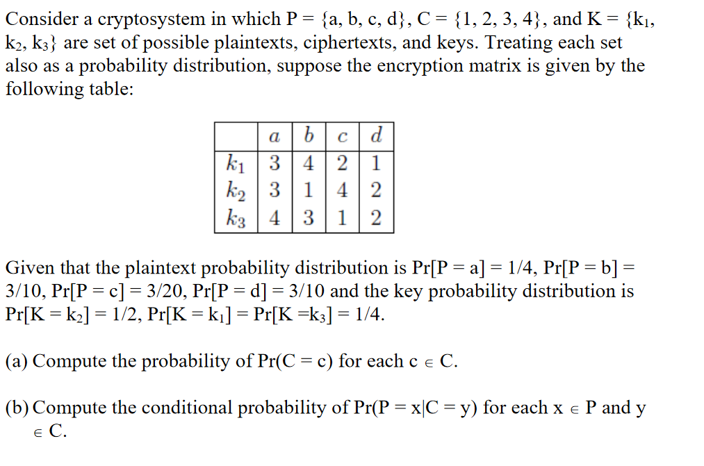 Solved Consider a cryptosystem in which P a b c d C