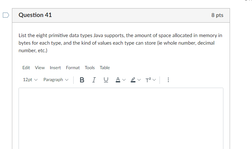 Solved List the eight primitive data types Java supports, | Chegg.com