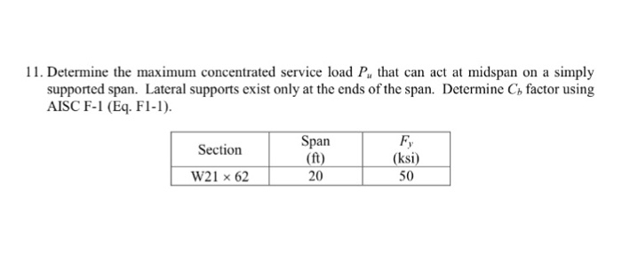 Solved 11. Determine the maximum concentrated service load | Chegg.com