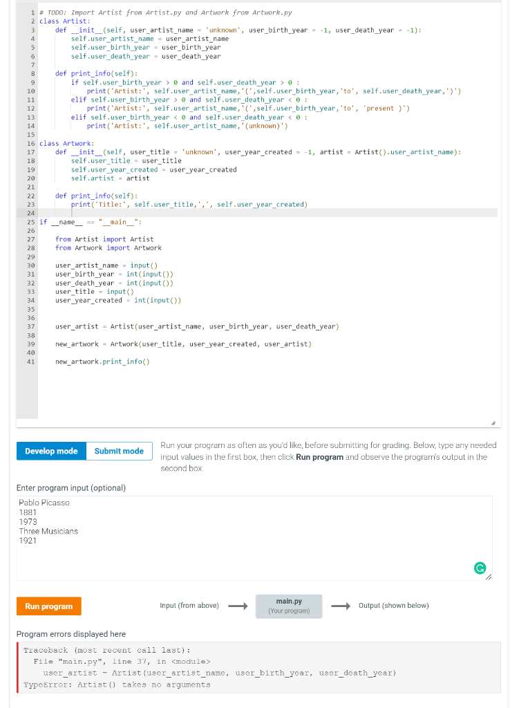 Solved Define the Artist class in Artist.py with a | Chegg.com