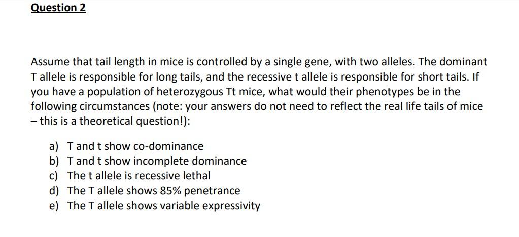 Solved Question 2 Assume that tail length in mice is | Chegg.com