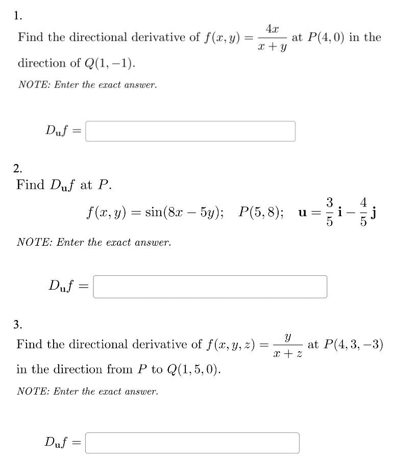 Solved 1 Find The Directional Derivative Of F X Y X Y4x At