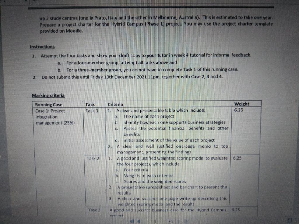 Assignment One Running case 1: Project integration | Chegg.com