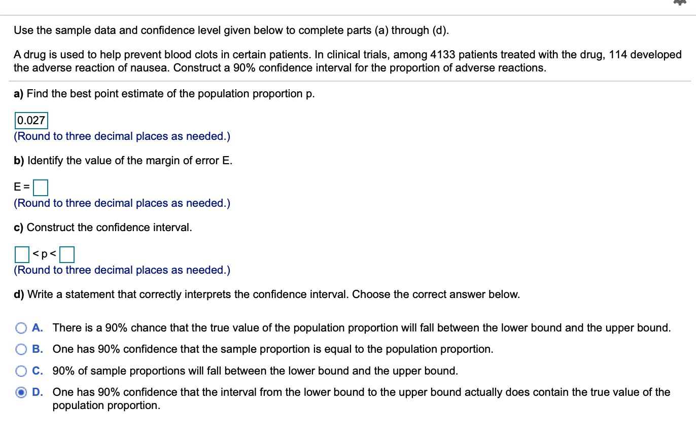 Solved Use the sample data and confidence level given below | Chegg.com
