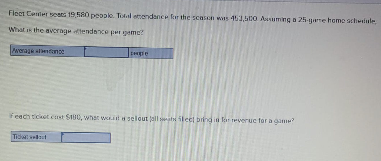 Fleet Center seats 19,580 people. Total attendance for the season was 453,500. Assuming a 25-game home schedule,
What is the 