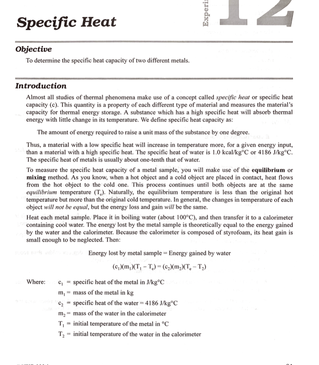 Solved Experis Specific Heat Objective To determine the | Chegg.com