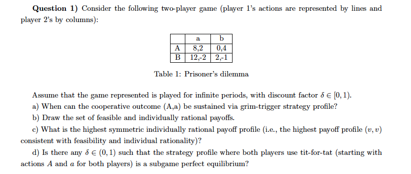 Solved Question 1) Consider the following two-player game | Chegg.com