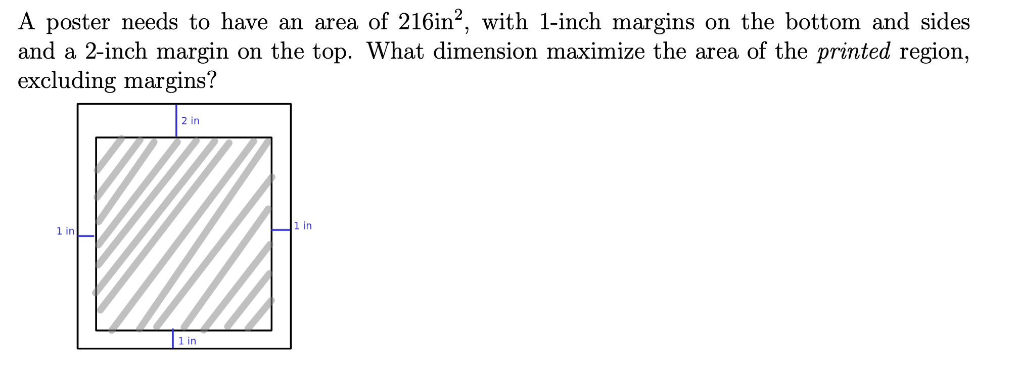 Solved A poster needs to have an area of 216in2, with | Chegg.com