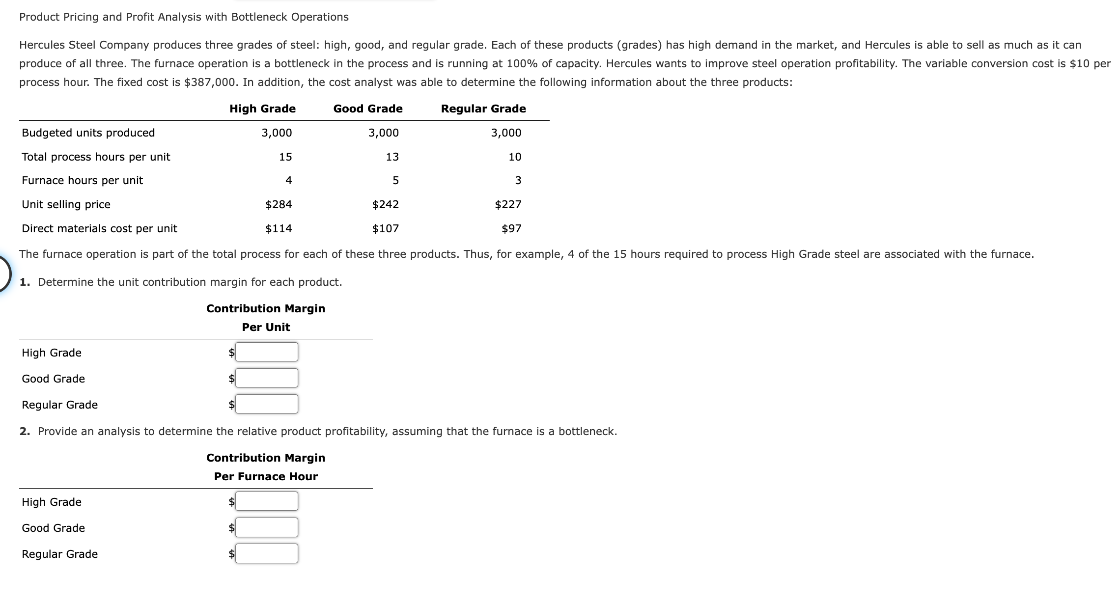 Solved Product Pricing and Profit Analysis with Bottleneck | Chegg.com