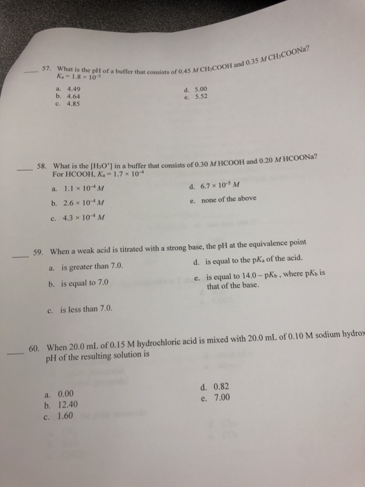 Solved 57. What is the pH of a buffer that consists of 0.45 | Chegg.com