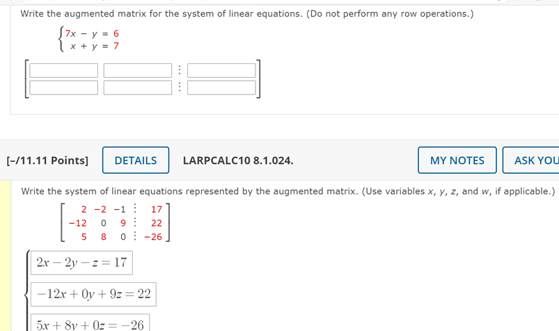 Solved Write the augmented matrix for the system of linear | Chegg.com