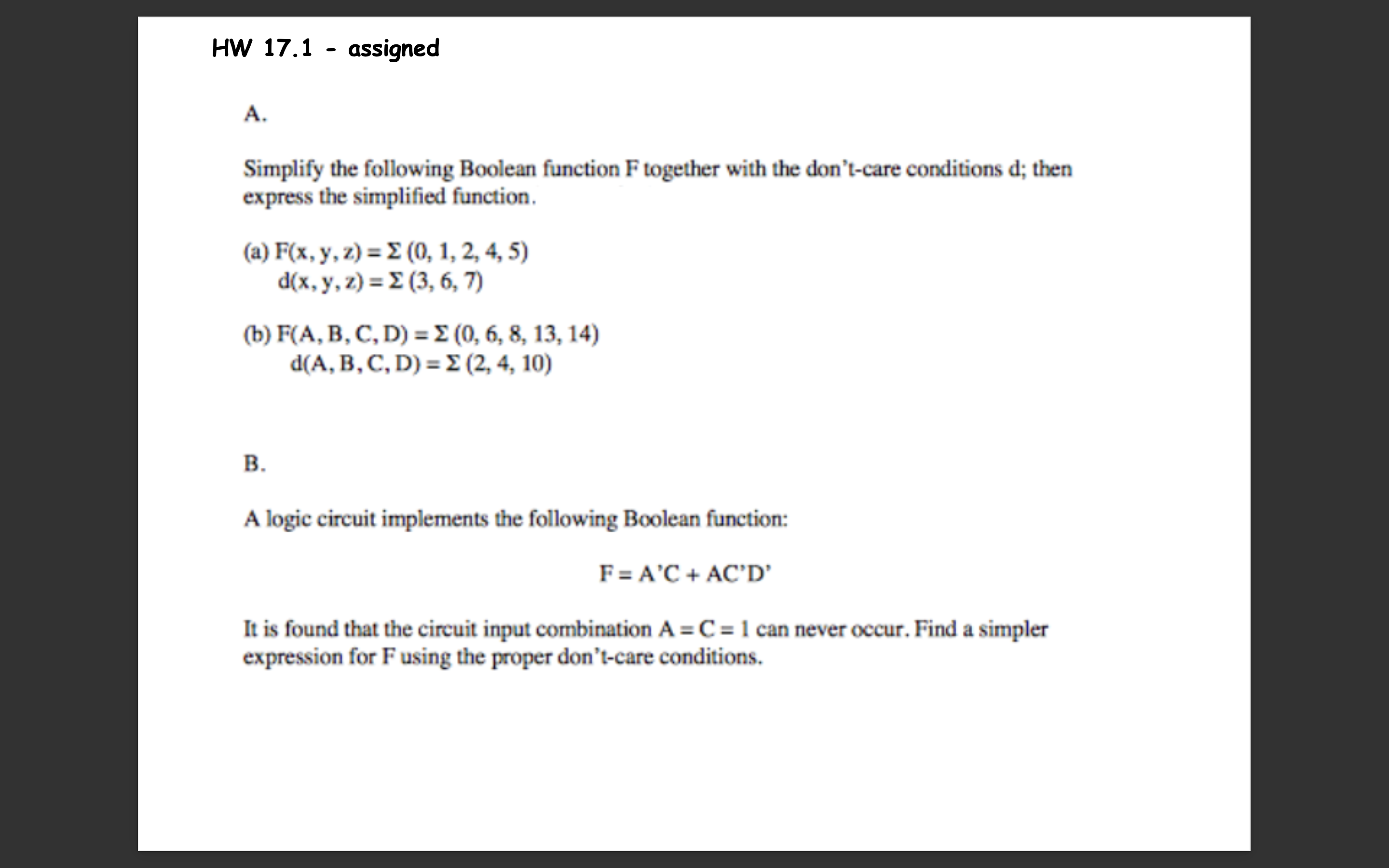 Solved Simplify The Following Boolean Function F Together | Chegg.com