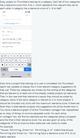 Every project on Thumbtack belongs to a category. Each set of two categories has a relevance score from 5 to 1. which represe