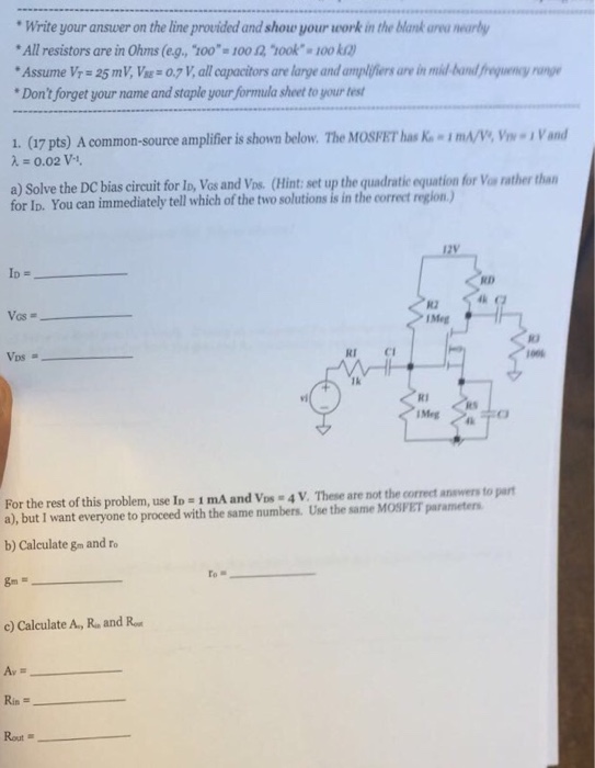 Solved A common-source amplifier is shown below. The MOSFET | Chegg.com