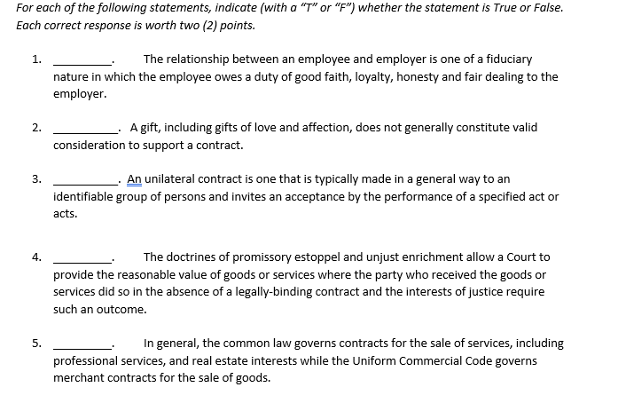 Solved For each of the following statements, indicate (with | Chegg.com