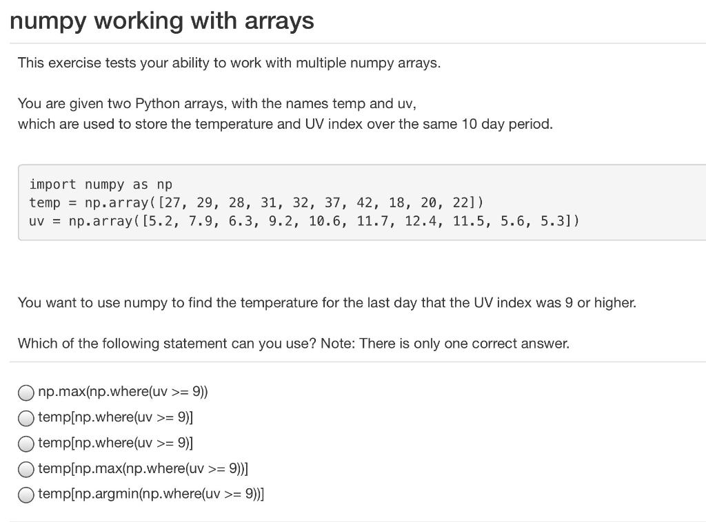 Solved Numpy Working With Arrays This Exercise Tests Your | Chegg.com