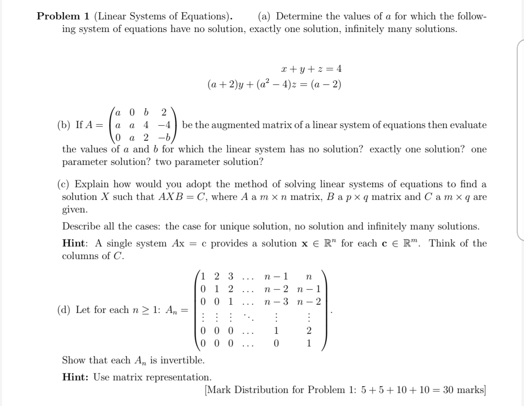 Solved Problem 1 (Linear Systems of Equations). (a) | Chegg.com
