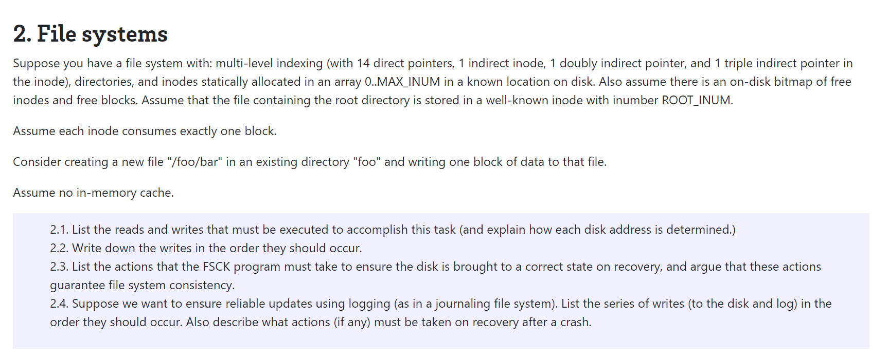 Solved 2. File systems Suppose you have a file system with: | Chegg.com