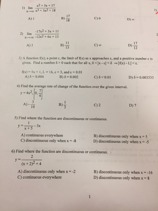 Solved lim x rightarrow infinity x^2 + 5x + 17/x^3 + 3x^2 + | Chegg.com