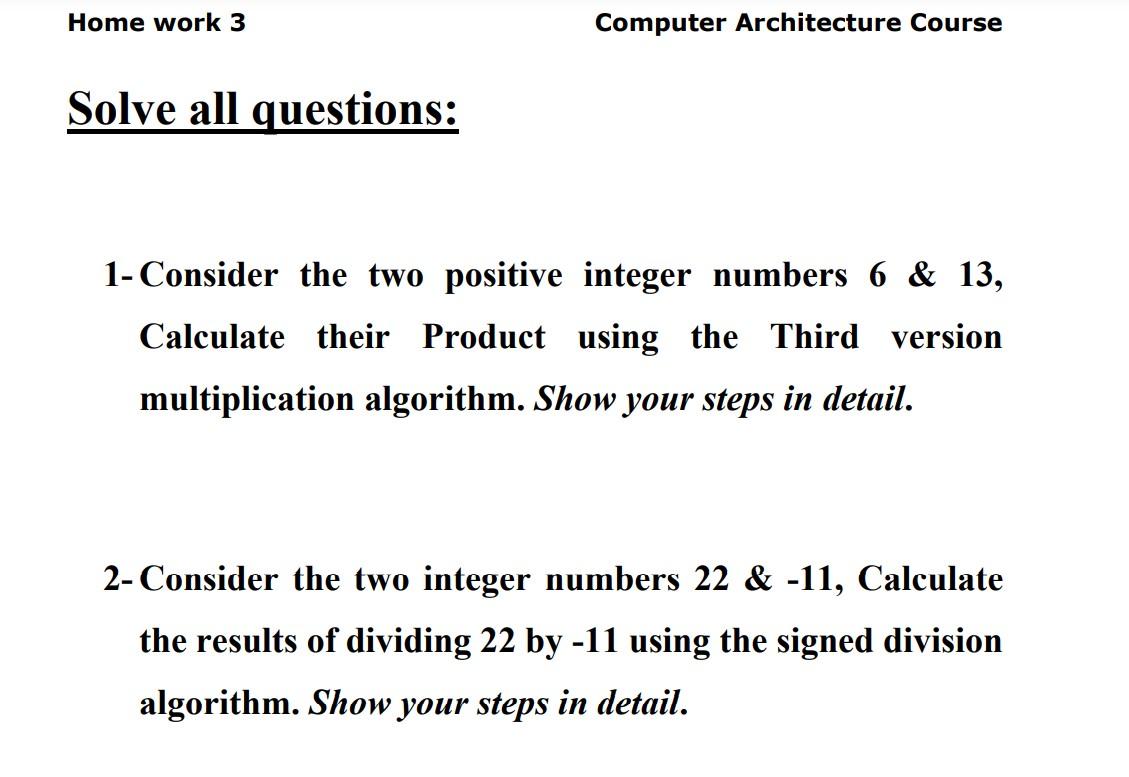 Solved Home work 3 Computer Architecture Course Solve all | Chegg.com