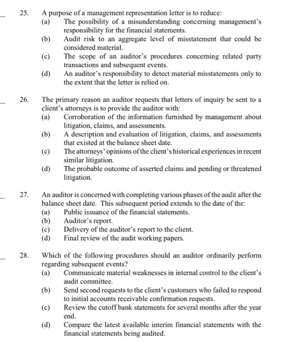 Solved 25. A purpose of a management representation letter