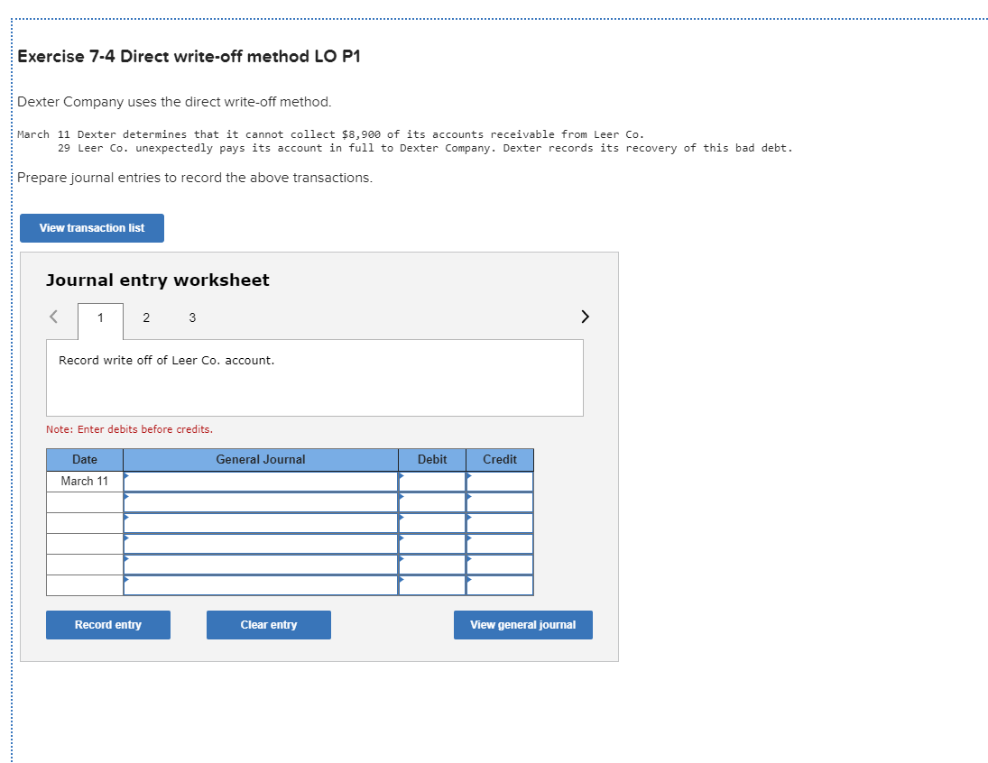 Solved exercise 7 4 direct write off method lo p1 dexter chegg