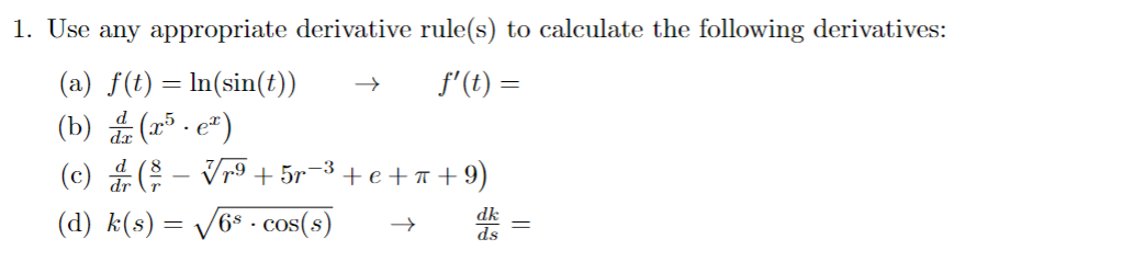 Solved 1. Use any appropriate derivative rule(s) to | Chegg.com