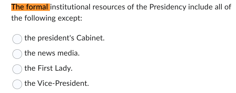 Solved The formal institutional resources of the Presidency | Chegg.com