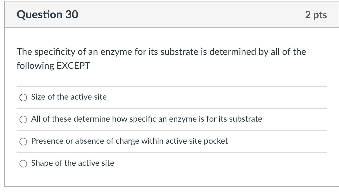 Solved Question 30 2 pts The specificity of an enzyme for | Chegg.com