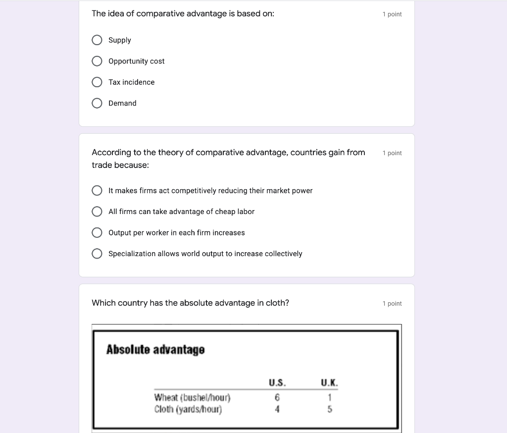 Solved The idea of comparative advantage is based on: 1 | Chegg.com