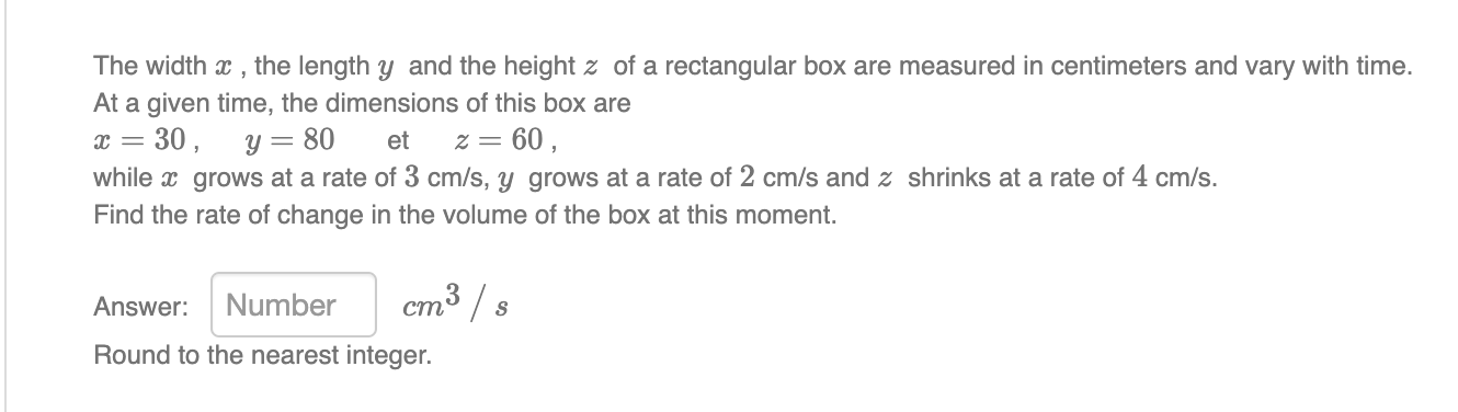 Solved The width x , the length y and the height z of a | Chegg.com