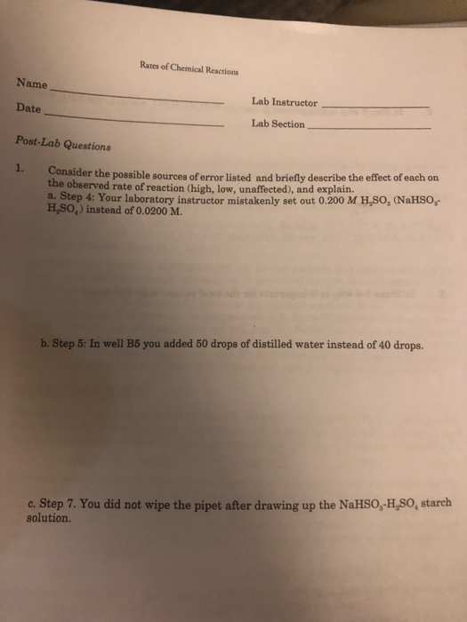 Solved Rates of Chemical Reactions Name Lab Instructor Date | Chegg.com
