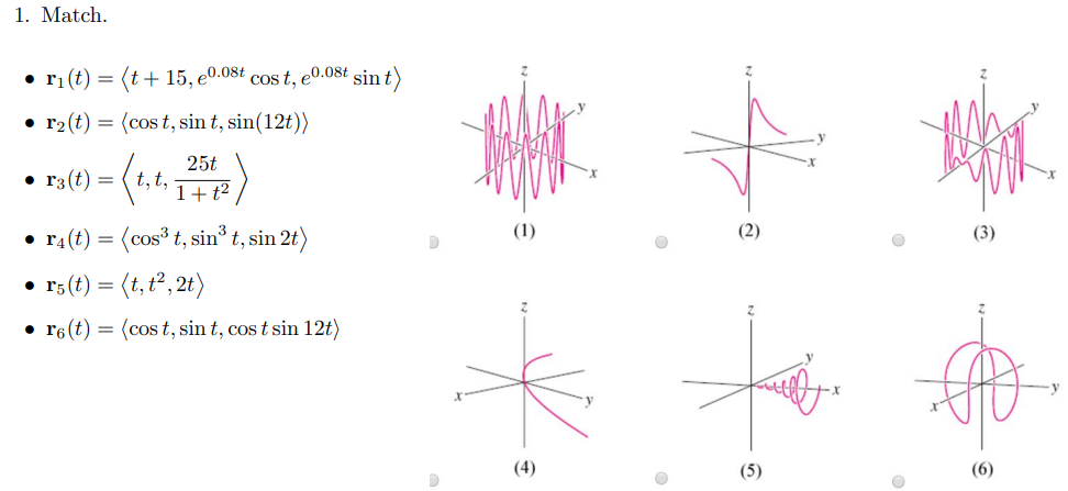 Solved 1. Match. - r1(t)= t+15,e0.08tcost,e0.08tsint - | Chegg.com