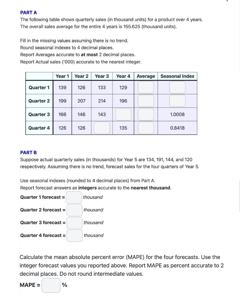 Solved PART A The following table shows quarterly sales (in | Chegg.com