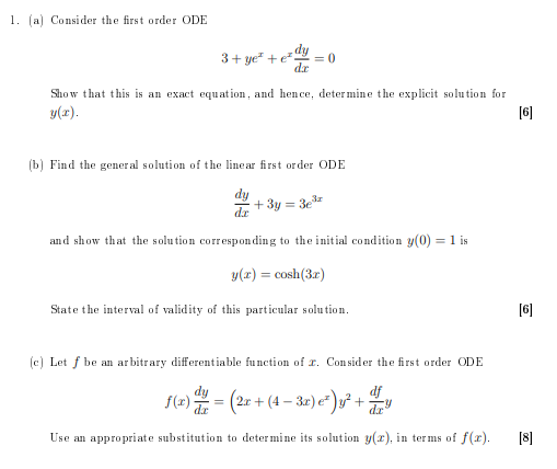 Solved 1. (a) Consider the first order ODE 3+ yet tet dy = 0 | Chegg.com