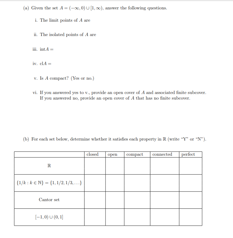 Solved (a) Given the set A=(−∞,0)∪[1,∞), answer the | Chegg.com