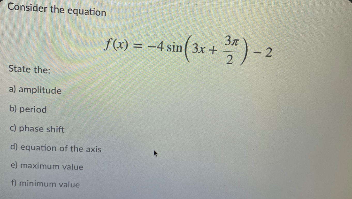 Solved Consider the equation Зл f(x) = -4 sin ( 3x + 2 State | Chegg.com