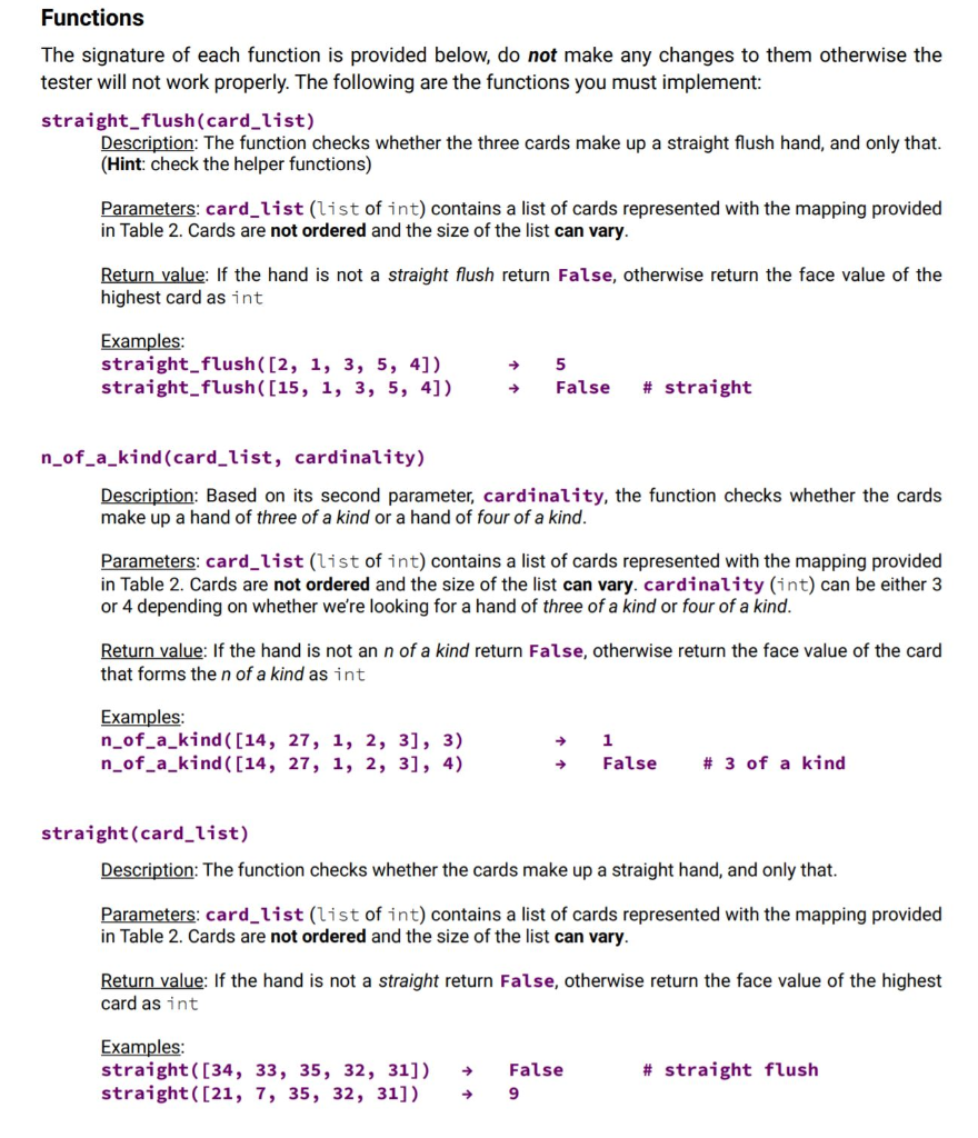 Functions the signature of each function is provided below, do not make any changes to them otherwise the tester will not wor