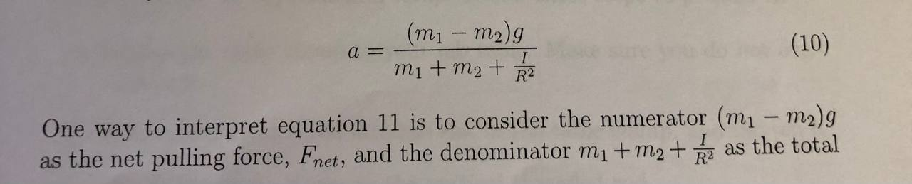 Solved a=m1+m2+R2I(m1−m2)g One way to interpret equation 11 | Chegg.com