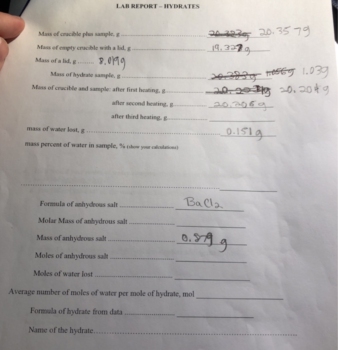 Solved LAB REPORTHYDRATES 34.33 20.35 79 Mass of crucible