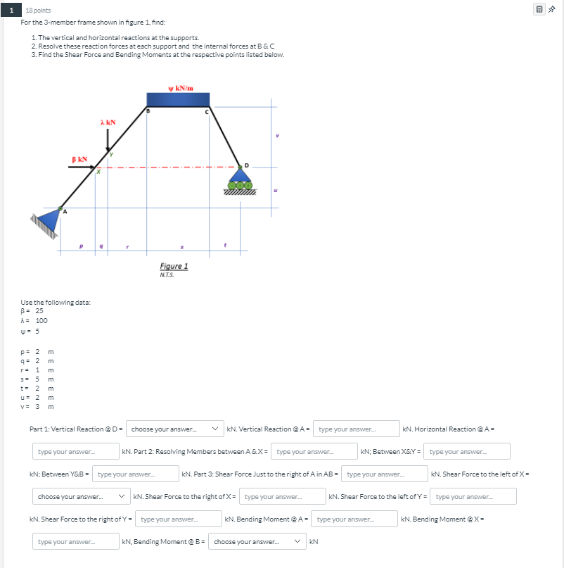 Solved 1 18 points For the 3-member frame shown in figure 1. | Chegg.com