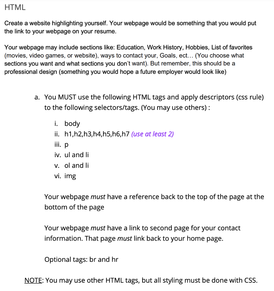 Solved HTML Create a website highlighting yourself. Your | Chegg.com