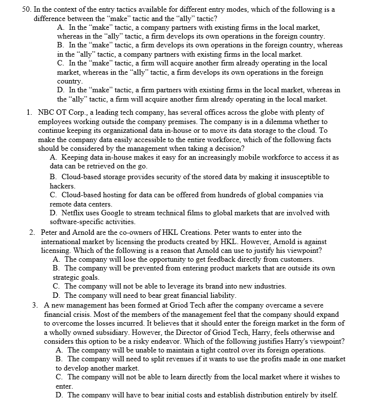Solved 50 In The Context Of The Entry Tactics Available For Chegg