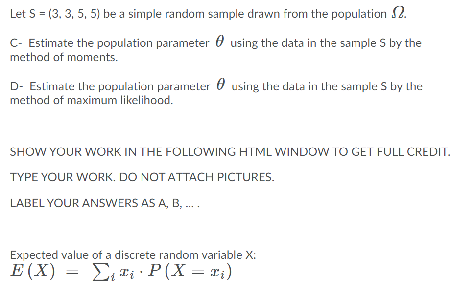 Solved Let S = (3, 3, 5, 5) be a simple random sample | Chegg.com