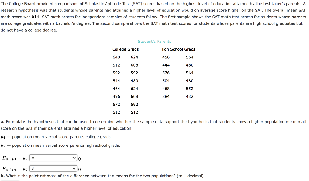 Solved The College Board Provided Comparisons Of Scholastic | Chegg.com