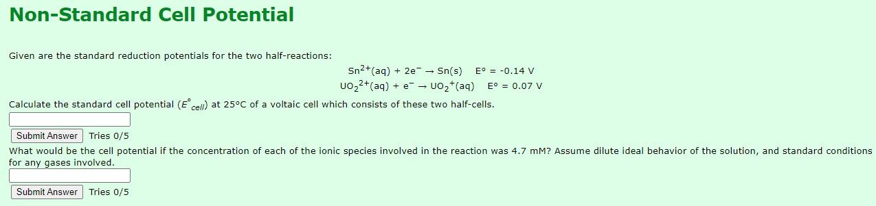 Solved Non-Standard Cell Potential Given are the standard | Chegg.com